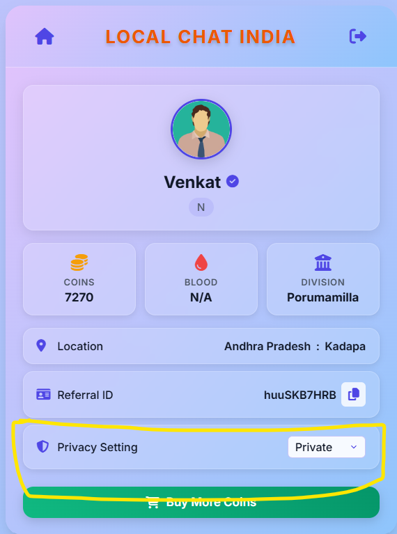 LocalChatIndia Profile Editing Options - Privacy Settings