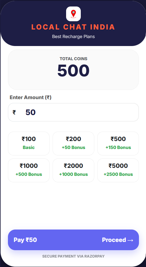 LocalChatIndia Recharge Options - Buy Coins